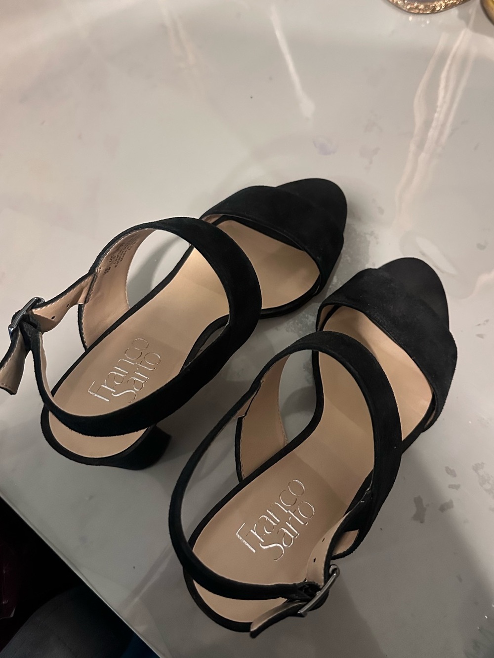Gently worn Franco Sarto Black Suede Open-Toe Strap Block Heels